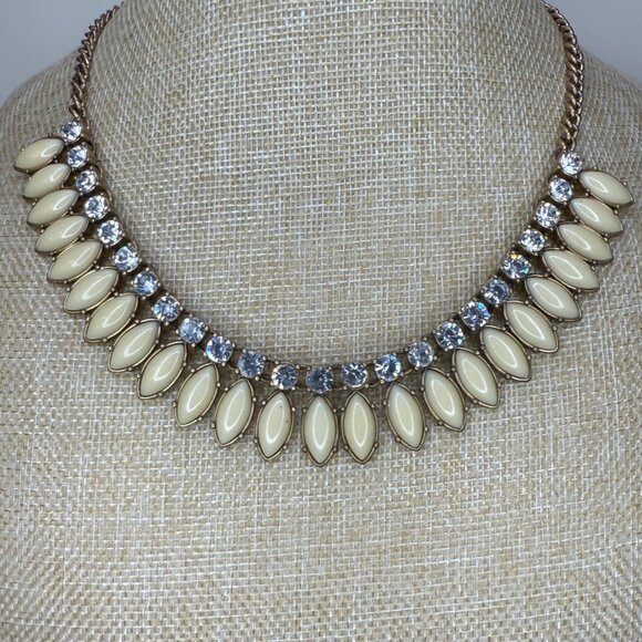 J. Crew Gold Statement Necklace With Cream Enamel & Clear Crystal Accents 15-18" - Picture 1 of 8